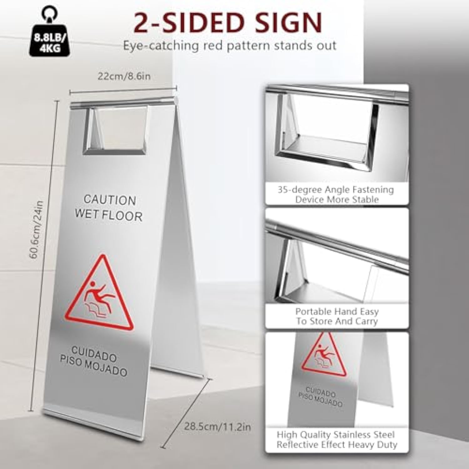 Portable Handle Stainless Steel Wet Floor Caution Sign for Restaurant ﻿