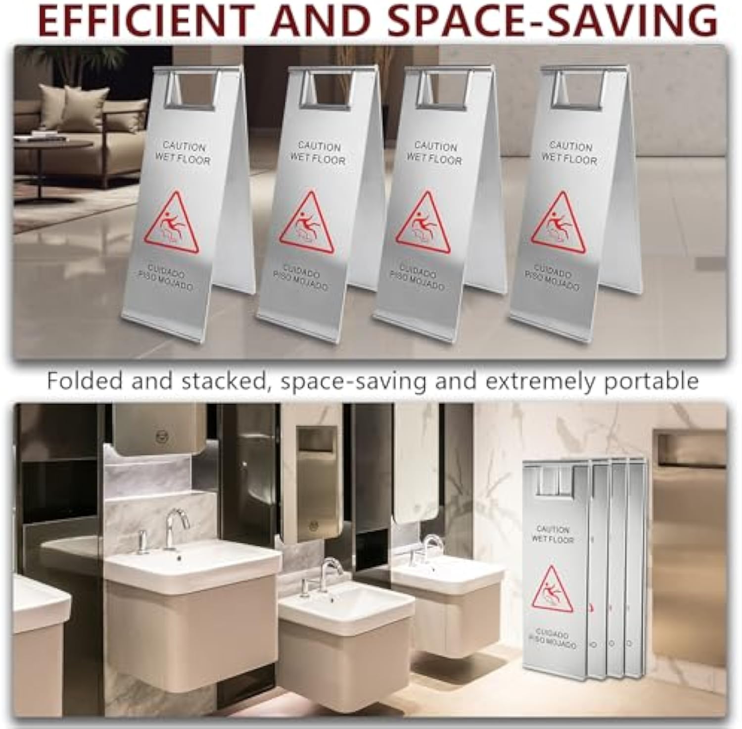 Portable Handle Stainless Steel Wet Floor Caution Sign for Restaurant ﻿