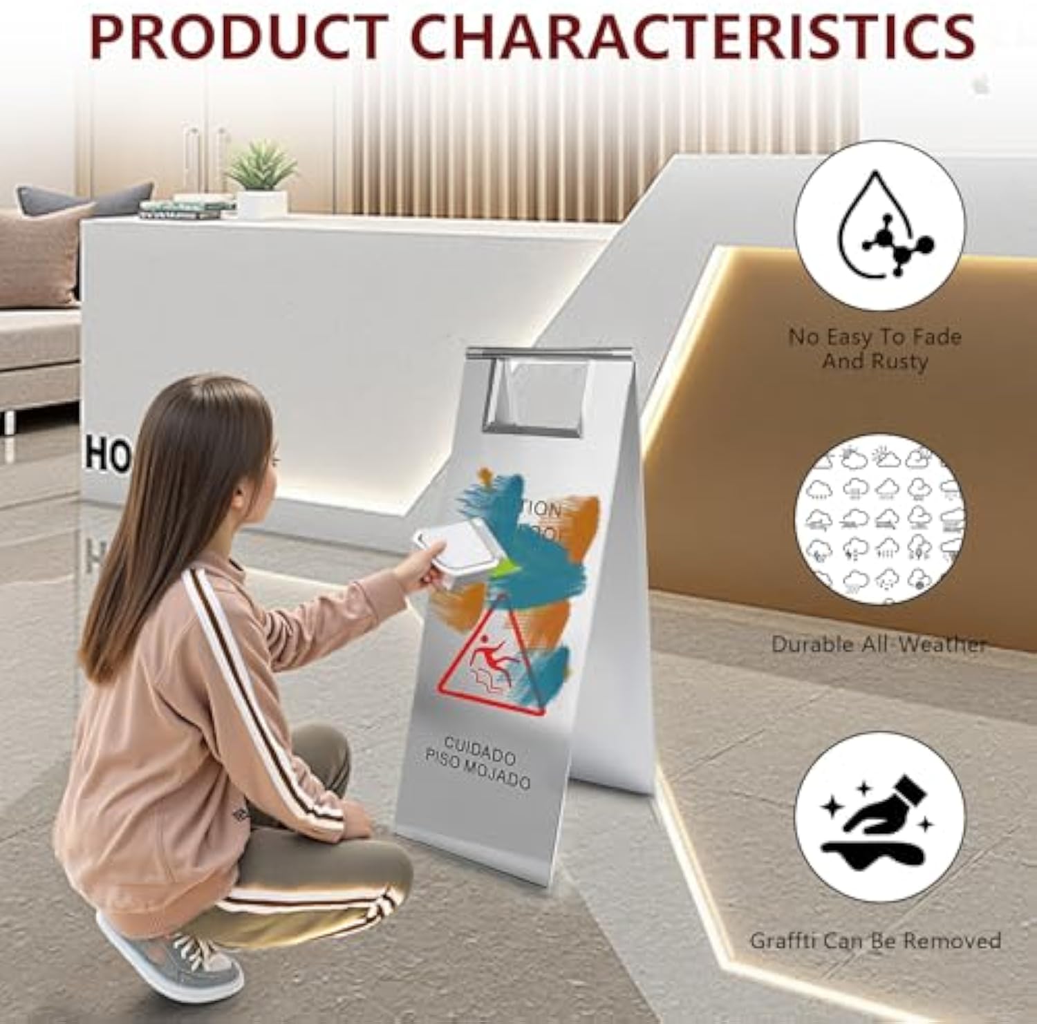 Portable Handle Stainless Steel Wet Floor Caution Sign for Restaurant ﻿