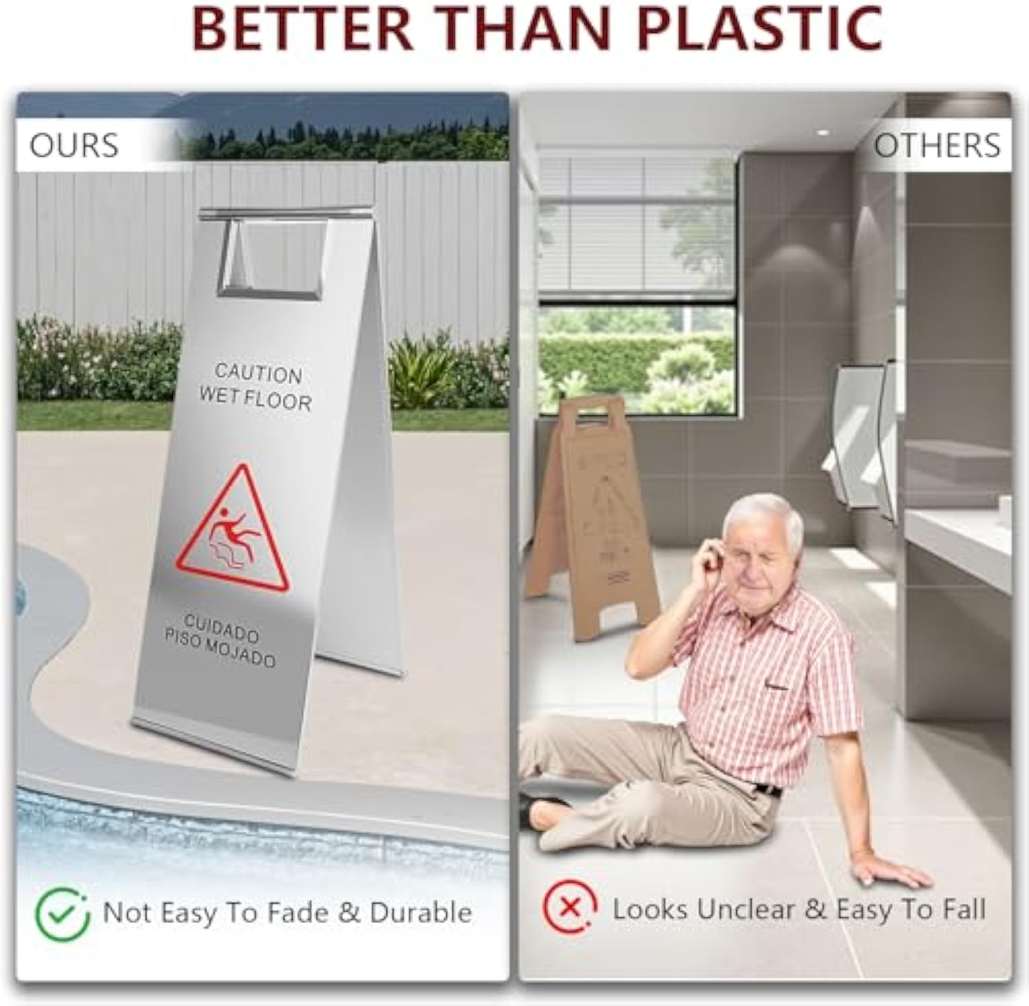 Portable Handle Stainless Steel Wet Floor Caution Sign for Restaurant ﻿